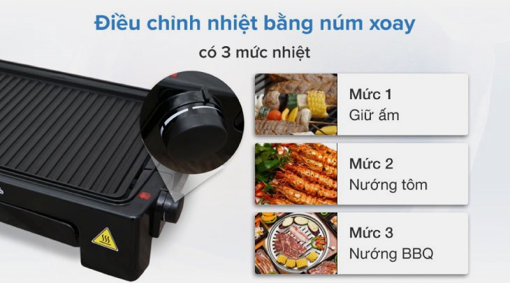 Bếp nướng điện BlueStone EGB-7418 1500W dễ dàng điều chỉnh nhiệt độ với 3 mức nhiệt cho từng loại nguyên liệu