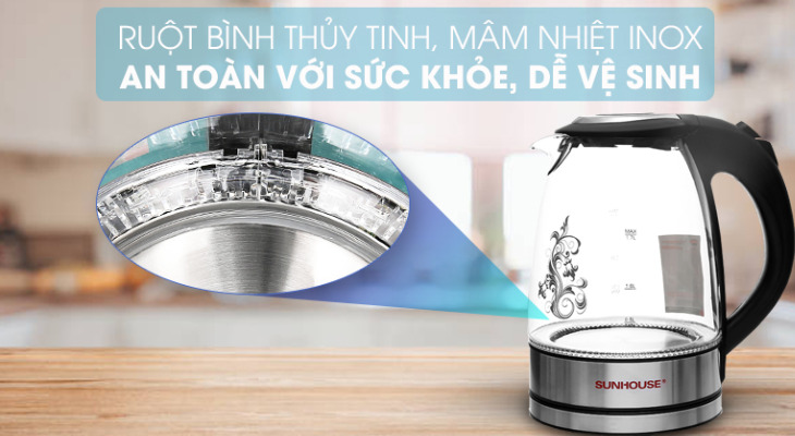 Bình đun siêu tốc thủy tinh Sunhouse 1.7 lít SHD1217 Đen