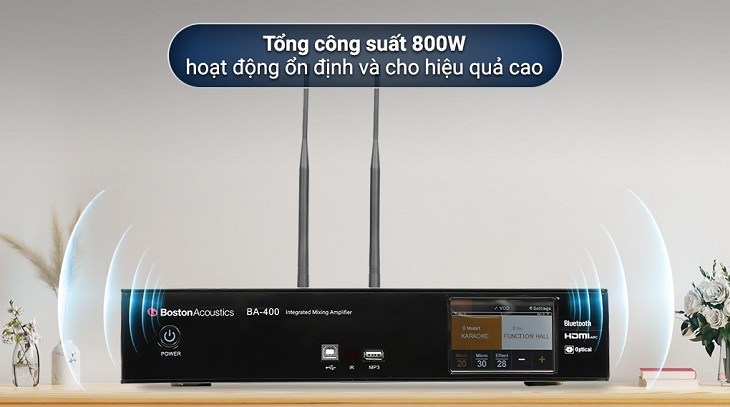 Amply Boston Acoustics BA400 800W có hiệu suất hoạt động ổn định cùng chất âm tốt, nghe hay