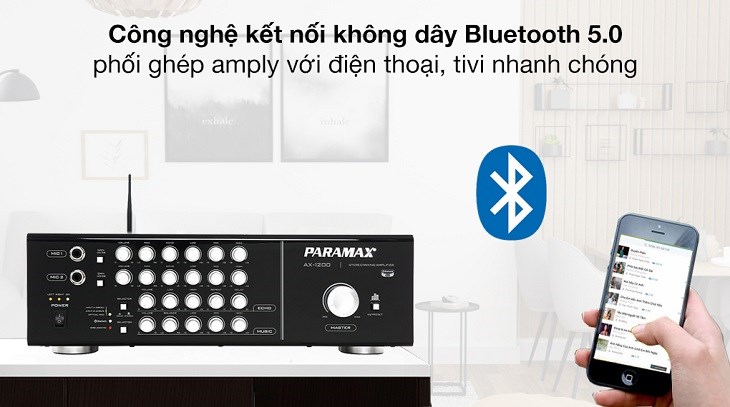 Amply Paramax AX-1200 500W có khả năng kết nối Bluetooth để kết nối tín hiệu với tivi, điện thoại,...