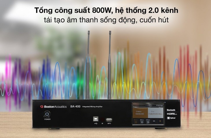 Amply Boston Acoustics BA400 800W có khả năng tái tạo âm thanh mạnh mẽ, phù hợp sử dụng trong không gian lớn