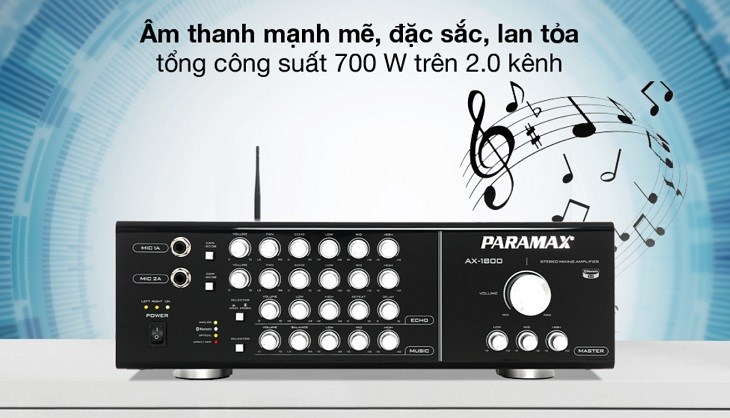 Amply Paramax AX-1800 700W được thiết kế hệ thống 2.0 kênh cho chất lượng âm thanh sống động, giải trí cho gia đình