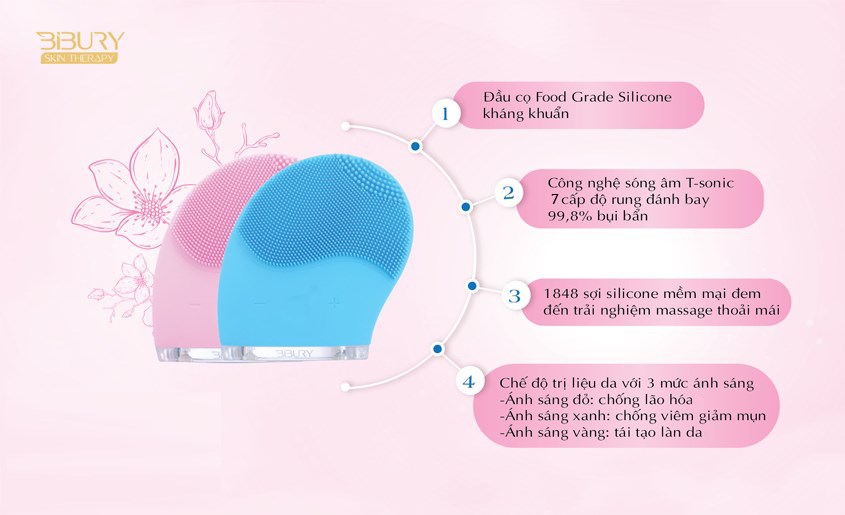 Máy rửa mặt BIBURY tạo nên một liệu trình điều trị làn da chuyên biệt với 3 loại ánh sáng