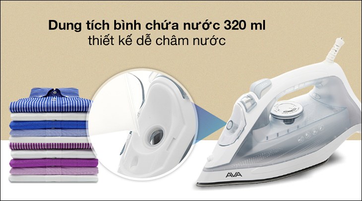 Bàn ủi hơi nước AVA SW605 2200W có dung tích bình chứa lớn, giúp ủi phẳng nhiều quần áo cùng lúc