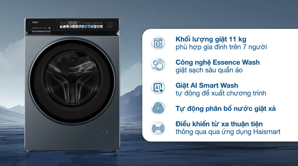 Máy giặt Aqua Inverter 11 kg AW11-BD4377U1L(GN) cửa trước hiện đại, Inverter êm ái, kết nối WiFi tiện lợi