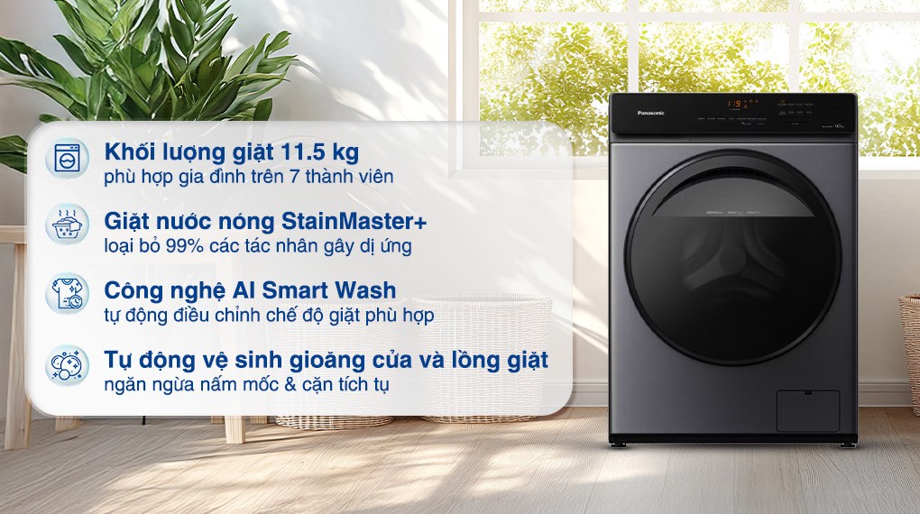 Công nghệ AI Smart Wash trên máy giặt Panasonic Inverter 11.5 kg NA-V115FA1LV có cảm biến thông minh, giúp bạn giặt tối ưu và tiết kiệm chi phí