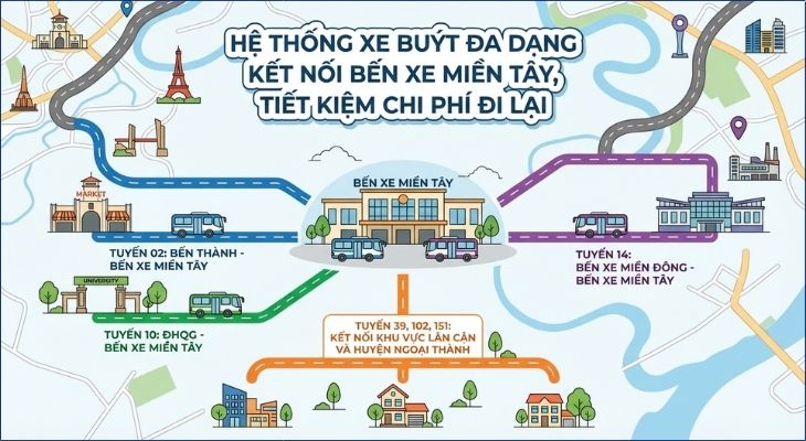 Hệ thống xe buýt nội thành kết nối với bến xe Miền Tây rất đa dạng, giúp hành khách tiết kiệm chi phí di chuyển đáng kể