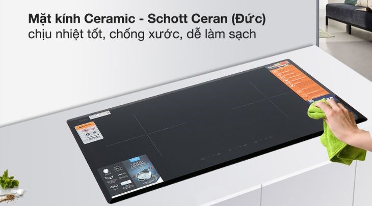 Bếp từ đôi lắp âm Kocher DI-802GE phủ chất liệu kính Ceramic, cho khả năng chịu lực, chịu nhiệt tốt