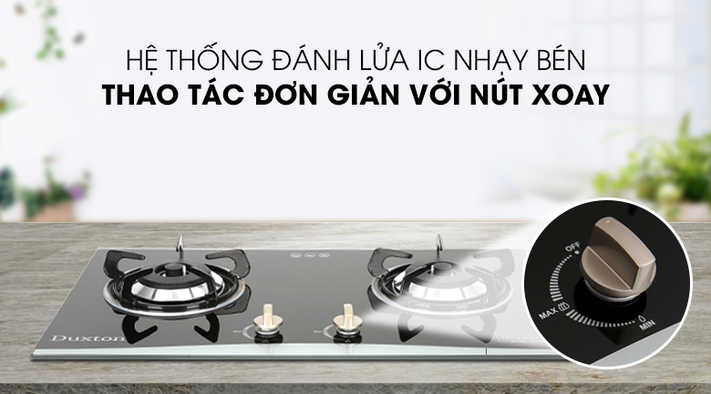 Bếp ga âm Duxton DG-2BGV có hệ thống đánh lửa IC hoạt động bằng pin, giúp nấu nướng đơn giản