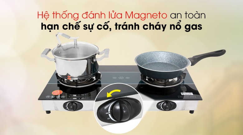 Bếp ga đôi Kiwa KW-770SG có hệ thống đánh lửa Magneto an toàn hạn chế sự cố, tránh cháy nổ
