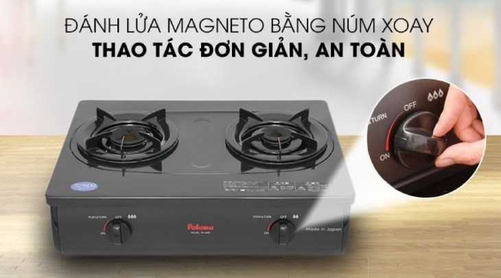 Bếp ga đôi Paloma PA-6MEJ sử dụng công tắc xoay kiểu mới, giúp bạn dễ dàng đánh lửa và điều chỉnh mức lửa chính xác
