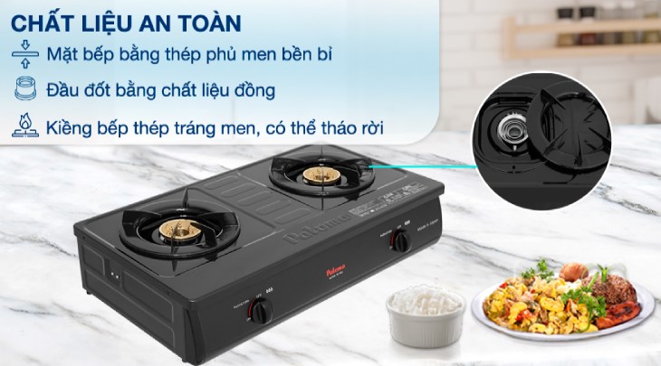 Bếp ga đôi Paloma PA-7MEJ có mặt bếp bằng thép tráng men chắc chắn, sáng bóng dễ dàng vệ sinh