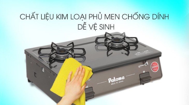 Bếp ga đôi Paloma PA-J61PE (BR) có mặt bếp ga bằng kim loại phủ lớp men chống dính, dễ dàng lau chùi sau khi nấu ăn