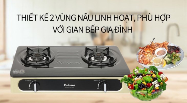 Bếp ga đôi Paloma PA-V71EG có thiết kế 2 đầu đốt, cho phép bạn nấu 2 món ăn cùng lúc