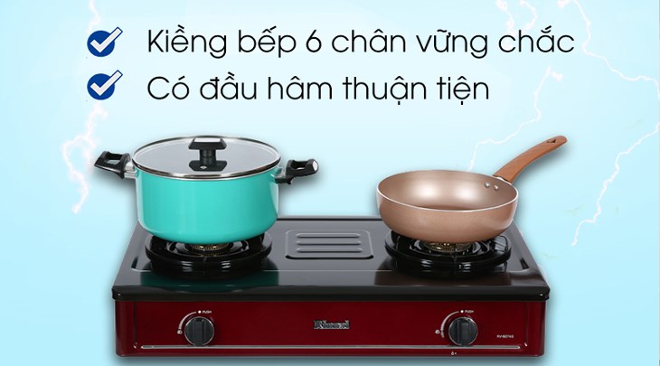 ​Bếp ga đôi Rinnai RV-B274SR(EB) được trang bị đầu hâm và kiềng bếp 6 chân vững chắc giúp bạn nấu ăn thuận tiện hơn