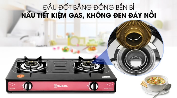 Bếp ga đôi Sakura SA-2181EB sử dụng đầu đốt bằng đồng thau ít bị ăn mòn, cho lửa xanh không làm đen đáy nồi