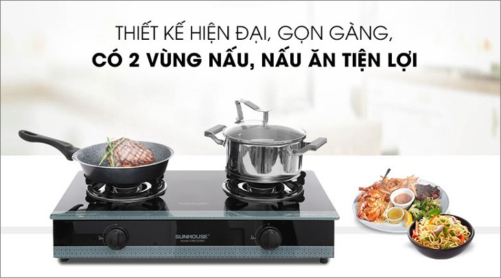 Bếp ga đôi Sunhouse SHB3326MT có 2 vùng nấu, cho phép người dùng nấu cùng lúc nhiều món ăn dễ dàng