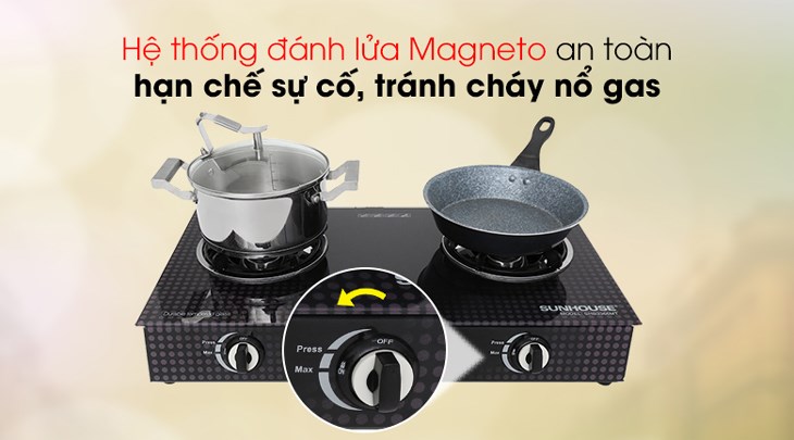 Bếp ga đôi Sunhouse SHB3366MT sử dụng hệ thống đánh lửa Magneto cho tia lửa nhạy và an toàn