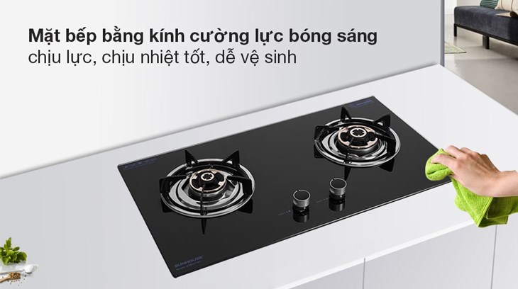 Mặt bếp ga âm Sunhouse SHB507-MT làm bằng kính cường lực sáng bóng, chịu nhiệt tốt và dễ vệ sinh