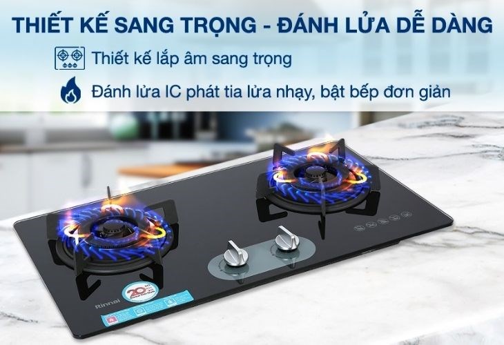 Bếp ga âm Rinnai RVB-220G(BG) có thiết kế đơn giản, sang trọng với 2 vùng nấu tiện lợi