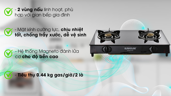 Bếp ga đôi Sunhouse SHB 201MT với chất liệu kính chịu lực, hệ thống đánh lửa Magneto cho độ bền cao