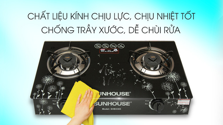 Bếp ga đôi Sunhouse SHB3365 với chất liệu mặt kính có khả năng chống chịu tốt