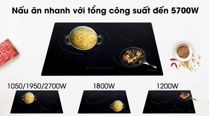 Bếp hồng ngoại 3 vùng nấu lắp âm Hafele HC-R603D (536.01.901) hoạt động với công suất tổng là 5700W cho khả năng gia nhiệt nhanh, tiết kiệm thời gian nấu nướng
