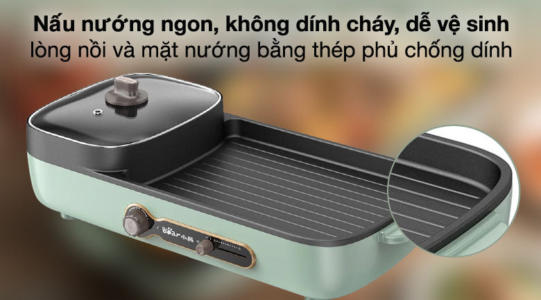 Lòng nồi và mặt nướng bằng thép phủ lớp chống dính an toàn và dễ vệ sinh