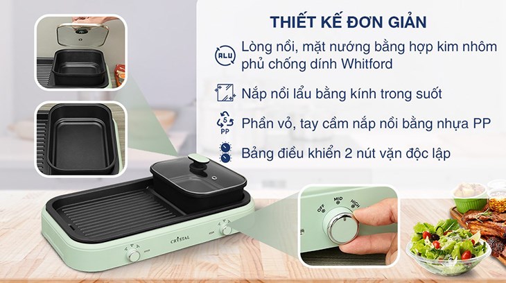 Bếp lẩu nướng đa năng Crystal HY-6320 sở hữu kiểu dáng sang trọng, màu xanh mint dễ thương