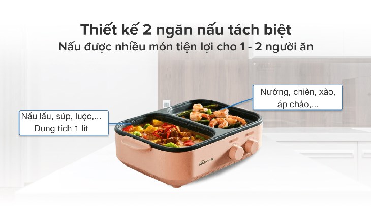 Bếp lẩu nướng đa năng thiết kế 2 ngăn nấu riêng biệt giúp nấu nướng đa dạng các món ăn