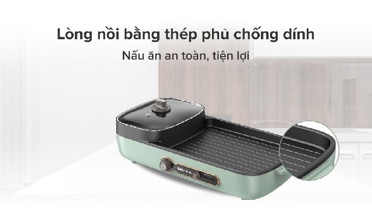 Lòng bếp lẩu nướng đa năng Bear DKL-C15G1 được làm bằng thép phủ chống dính, an toàn, dễ dàng vệ sinh