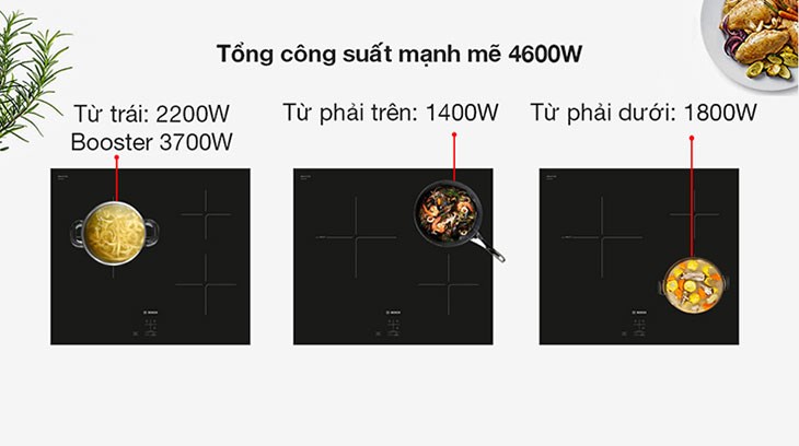 Bếp từ 3 vùng nấu lắp âm Bosch PUC61KAA5E có tổng công suất 4600W giảm thời gian chờ đợi giữa các lần nấu tối đa