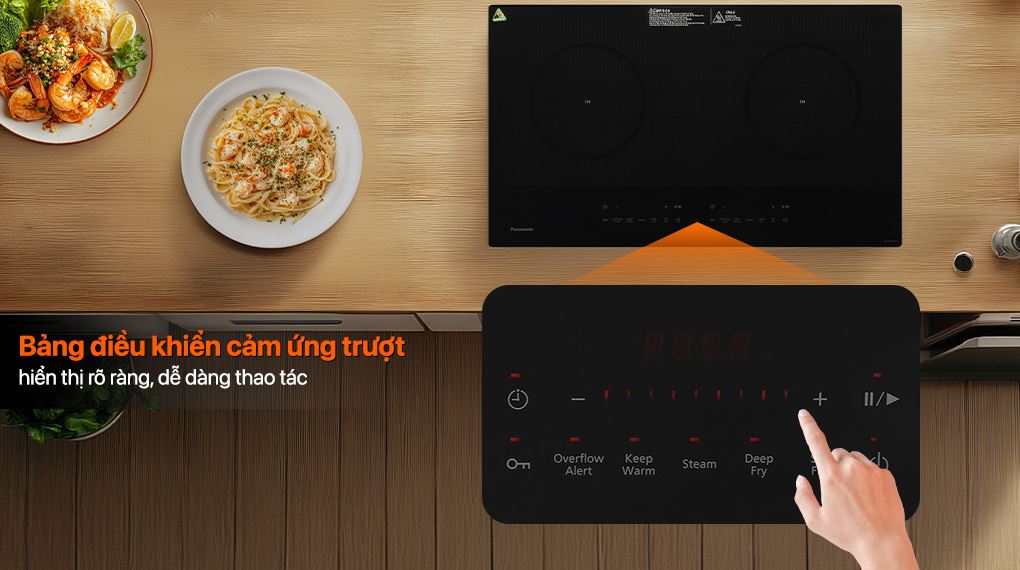 Bếp từ Panasonic có hệ thống bảng điều khiển cảm ứng trượt hoặc nút bấm hiển thị đèn LED sắc nét