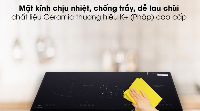 Bếp từ hồng ngoại Pramie 2108 sử dụng mặt kính Ceramic thương hiệu K+ (Pháp) cao cấp cho khả năng chịu lực và chịu nhiệt tốt