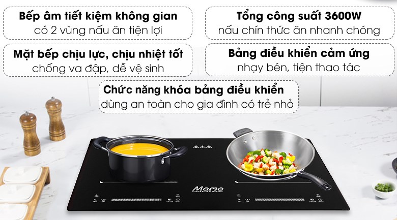 Bếp từ đôi lắp âm Sunhouse Mama MMB9201DIH có 2 vùng nấu thuận tiện, thích hợp với nhiều nồi chảo sử dụng đế nhiễm từ