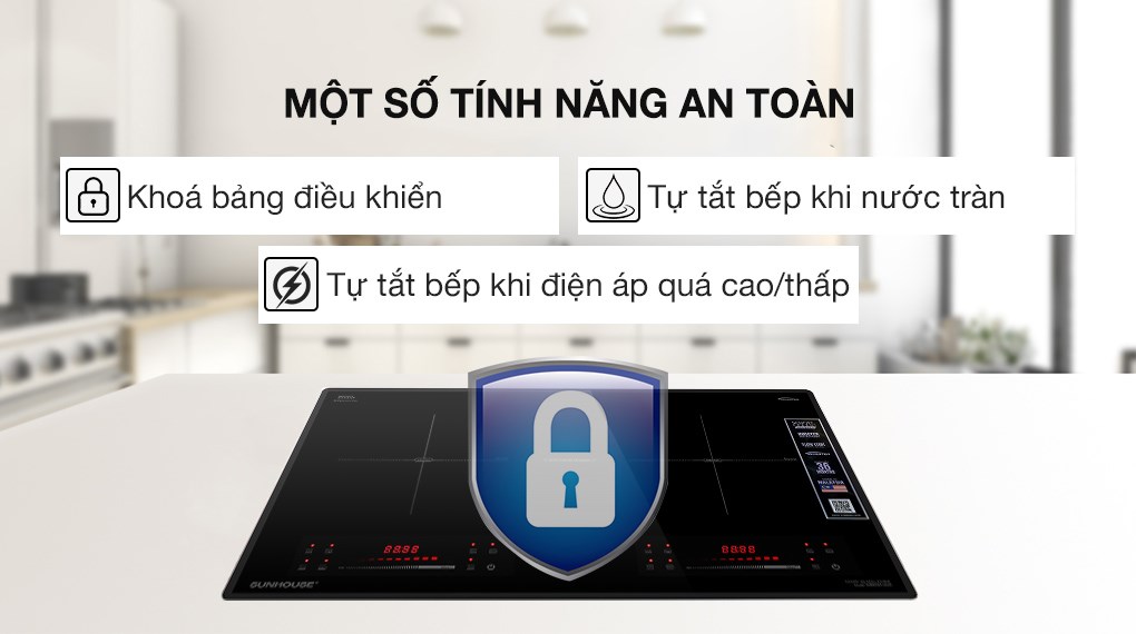 Bếp từ đôi lắp âm Sunhouse SHB82062-MMD sở hữu nhiều tính năng an toàn