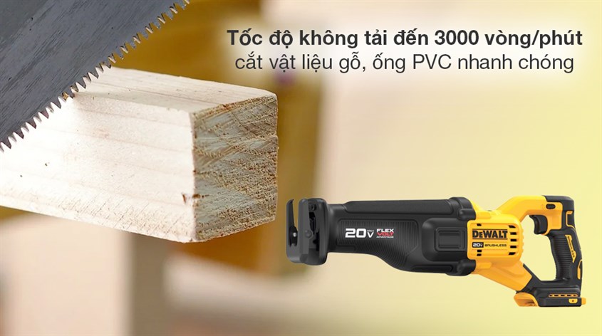 Máy cưa kiếm pin Dewalt DCS386N-KR 20V/60V tạo đường cưa mịn màng, nhanh chóng với tốc độ không tải lên đến 3000 vòng/phút