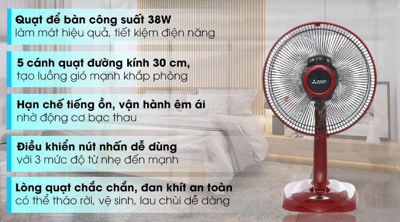 Quạt bàn Mitsubishi D12-GV CY-RD nhỏ gọn cho bàn làm việc