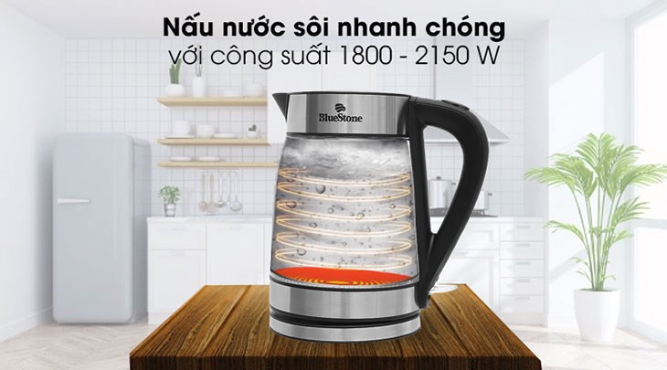 Bình đun siêu tốc BlueStone 1.7 lít KTB-3426 có công suất 1800 - 2150 W, mâm nhiệt phẳng, truyền nhiệt tốt, đun nước sôi nhanh chóng, tiết kiệm điện