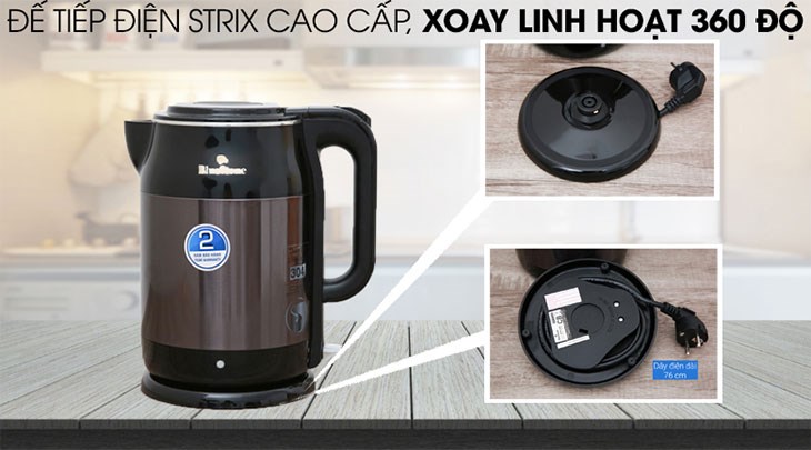 Bình đun siêu tốc BlueStone KTB 3468 1.7 lít trang bị đế tiếp điện Strix cao cấp, xoay linh hoạt 360 độ, nhấc đặt bình nhẹ nhàng