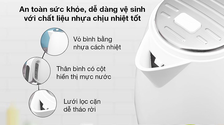 Bình đun siêu tốc Delonghi 1 lít KBLA2000.W có vỏ bình được làm bằng nhựa chịu nhiệt tốt, an toàn vệ sinh