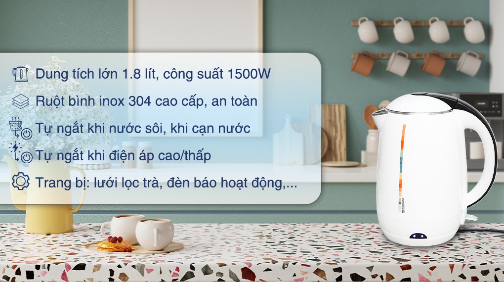 Bình đun siêu tốc Hawonkoo 1.8 lít KEH-180-W sử dụng chất liệu cao cấp và an toàn tuyệt đối cho sức khỏe