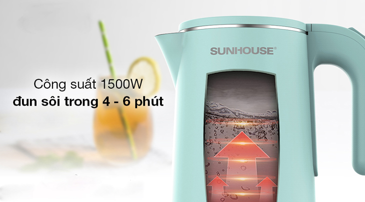 Bình đun siêu tốc Sunhouse 1.8 lít SHD1351 có công suất 1500W giúp bạn đun sôi nước trong 4 - 6 phút