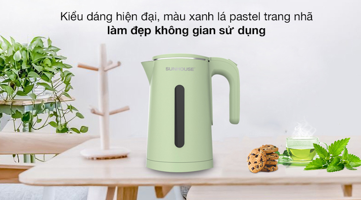 Bình đun siêu tốc Sunhouse 1.8 lít SHD1353 có kiểu dáng hình trụ hiện đại, màu xanh lá tông pastel trang nhã làm đẹp không gian sử dụng