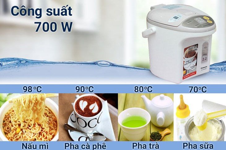 Bình thủy điện Panasonic NC-EG2200CSY 2.2 lít có công suất hoạt động lên đến 700W hỗ trợ người dùng đun sôi nước nhanh chóng