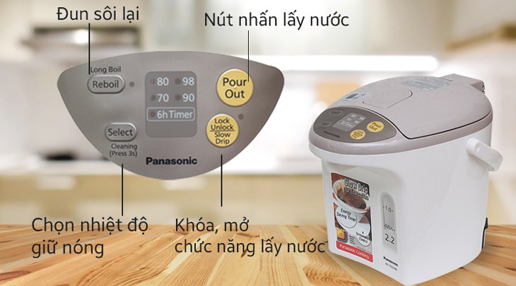 Bình thủy điện Panasonic NC-EG2200CSY 2.2 lít sử dụng bảng điều khiển điện tử dễ điều khiển