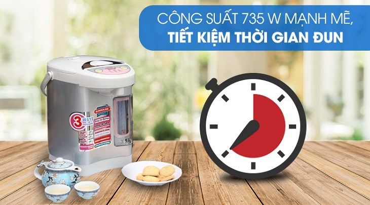 Bình thủy điện Sunhouse SH 1535 3.5 lít có công suất 735W, giúp đun sôi nước nhanh chóng