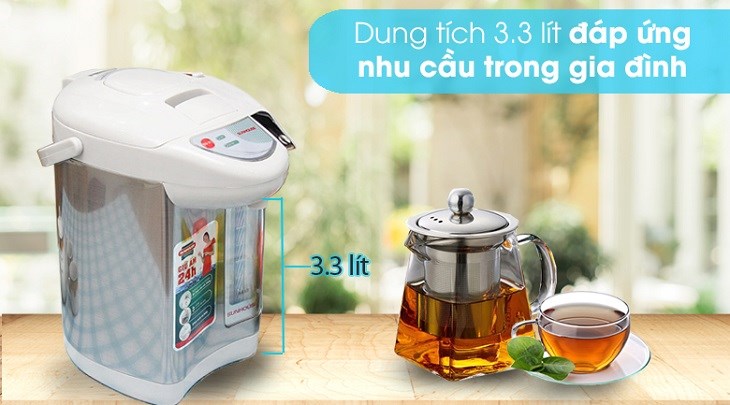 Bình thủy điện Sunhouse SHD1533 3.3 lít có dung tích 3.3 lít, đáp ứng được nhu cầu pha trà, cà phê, nấu mì,... cho các gia đình đông thành viên