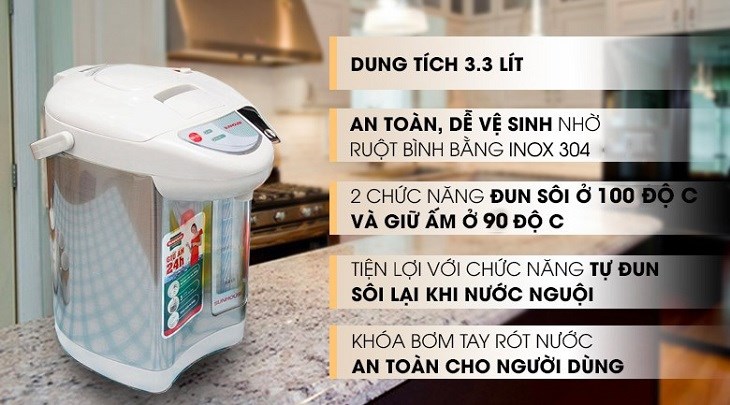Bình thủy điện Sunhouse SHD1533 3.3 lít được tích hợp nhiều tiện ích, đáp ứng nhu cầu sử dụng đa dạng cho người dùng