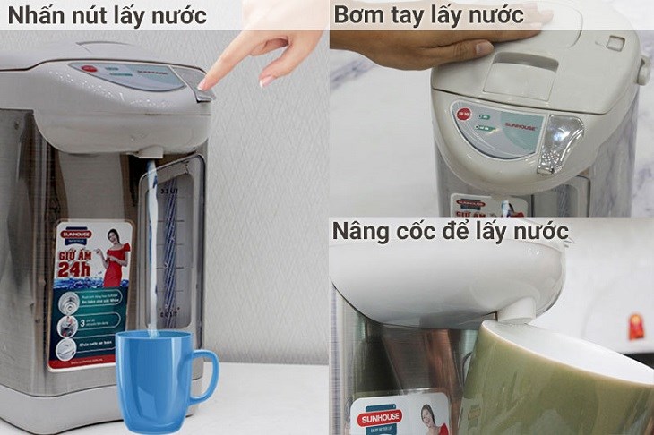 Bình thủy điện Sunhouse SHD1533 3.3 lít được trang bị 3 cách rót nước dễ dàng thao tác